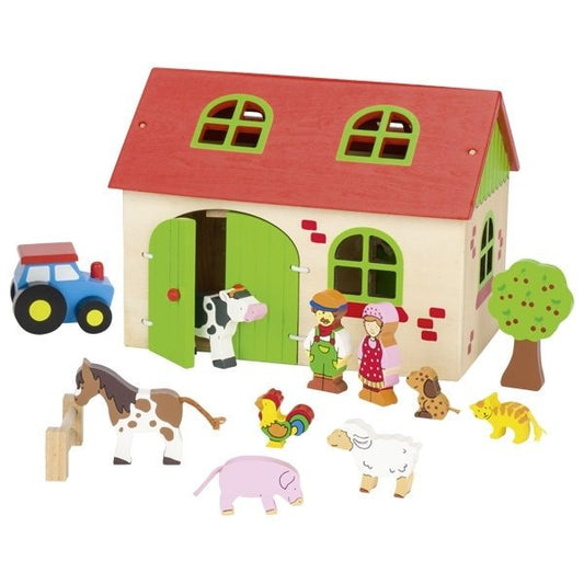 Goki Personalisierbarer Bauernhof XL Bauernhof Holz Kinderspielzeug ab 3 Jahren Holzspielzeug Holz Tiere Bauern mit Namen Spiel - Spielwaren - Personalisiert